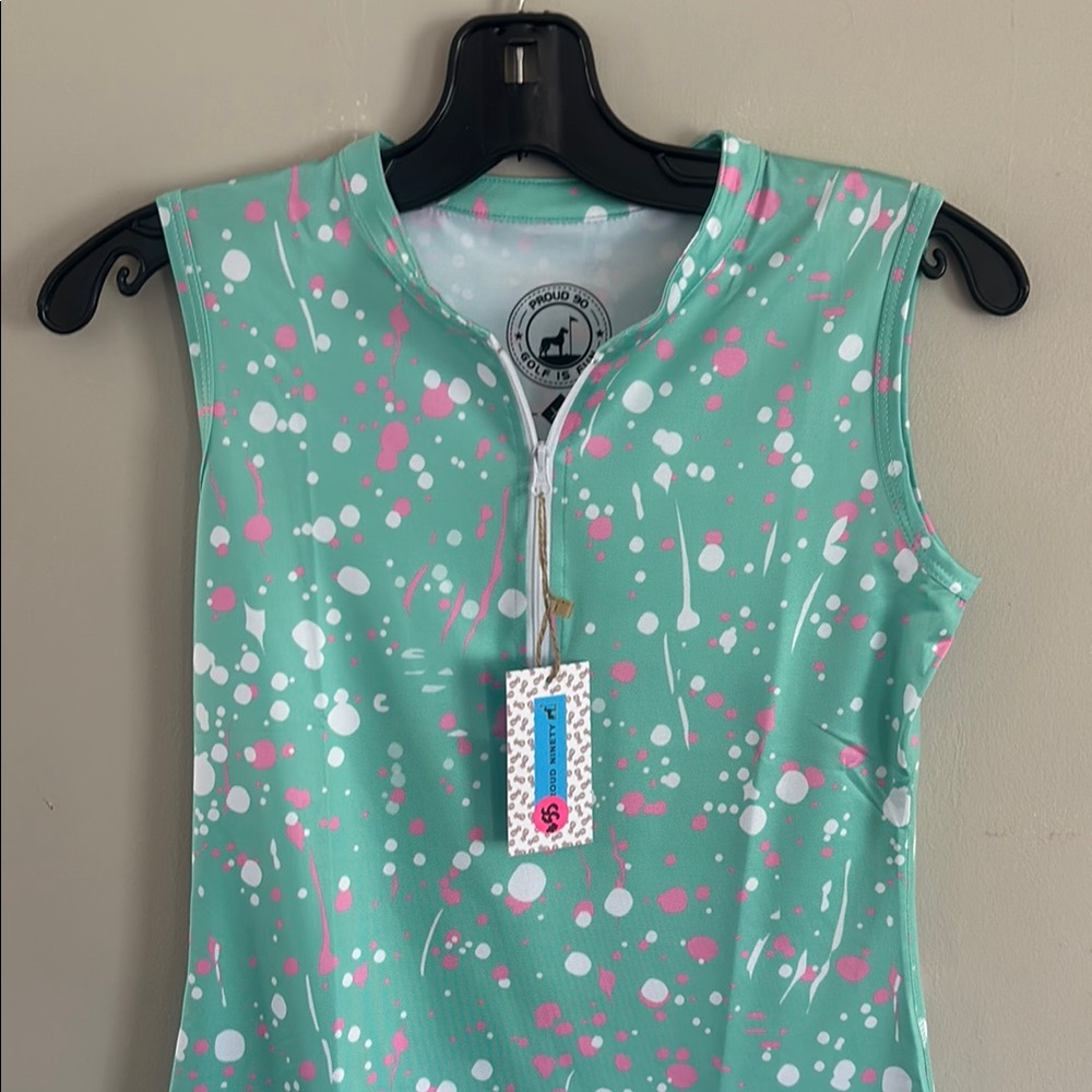 Proud 90 Mint Green Sleeveless Top with Pink and White Splatter